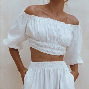 Linen White Off-Shoulder Crop Top